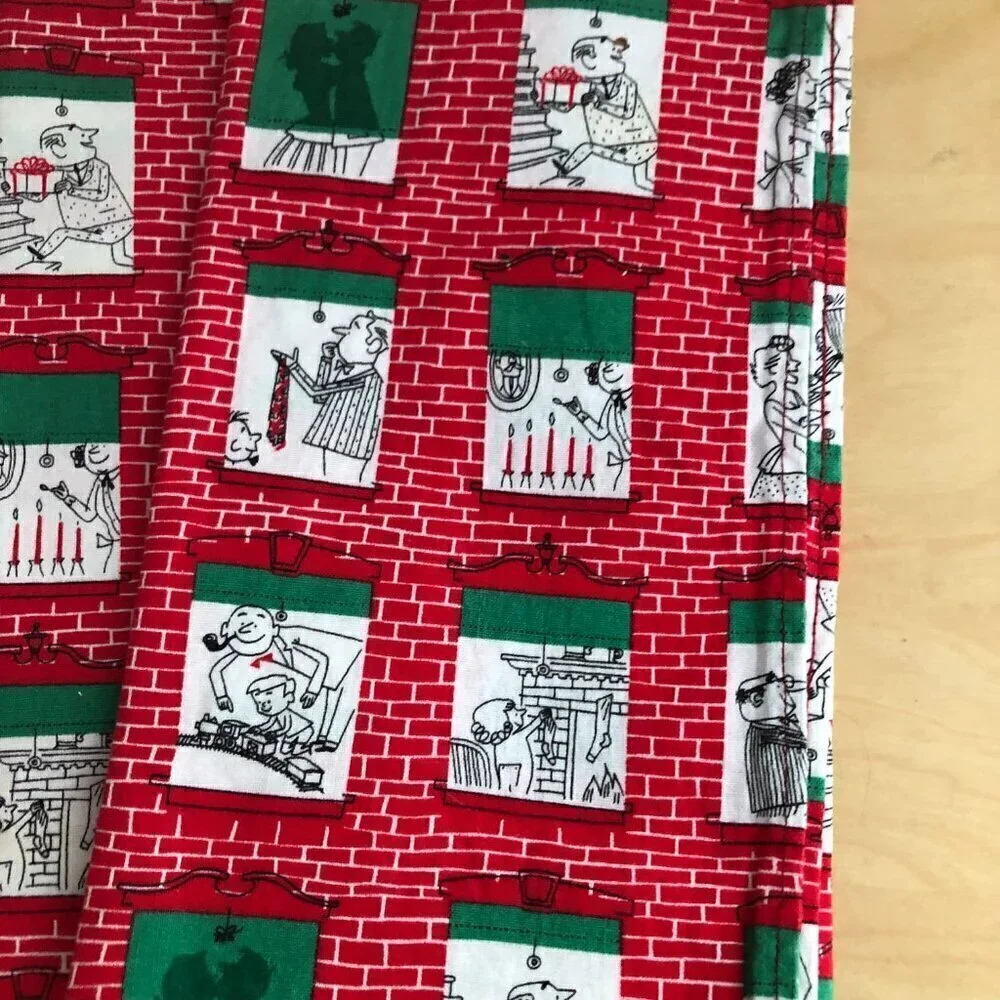 Vintage MCM Christmas Holiday Red White Cartoon Linen Dinner Napkins - Set of 8
